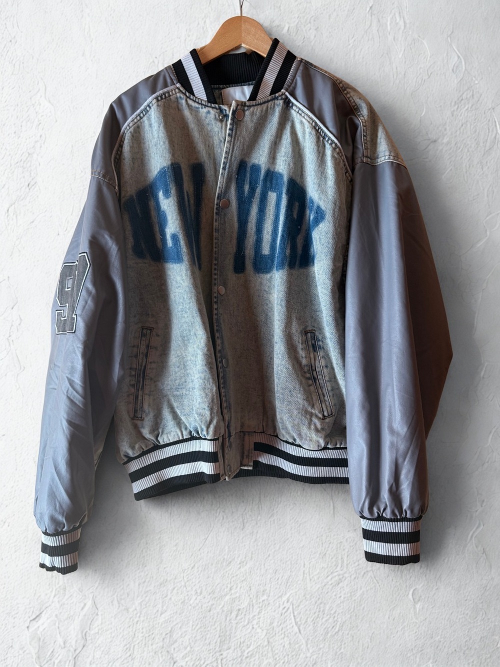 New York Varsity-Style Bomber Jacket in Gray and Blue